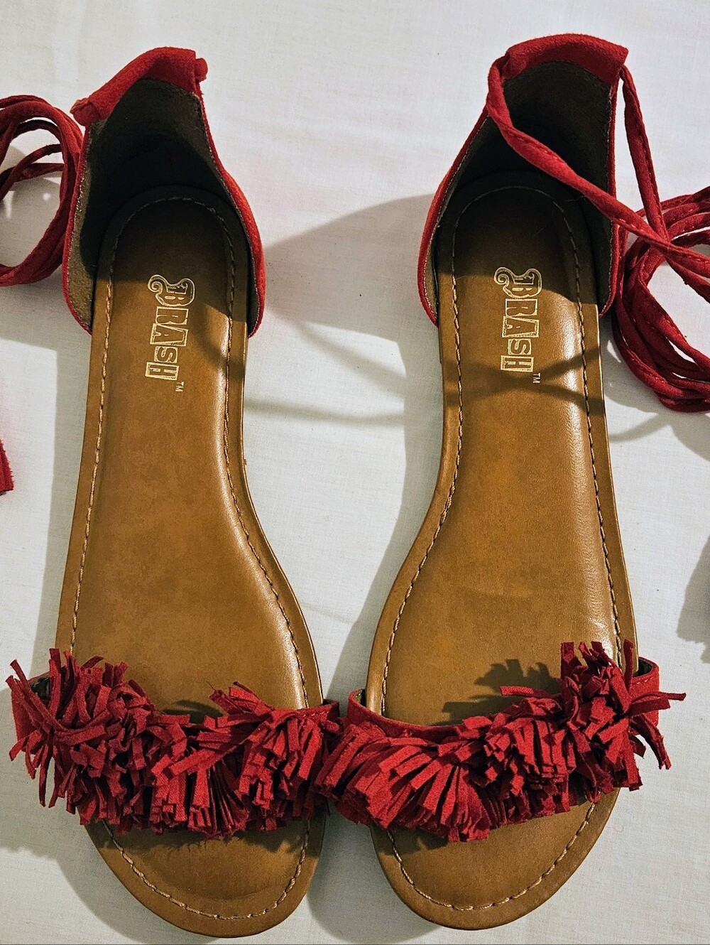 Brash Red Fringe Wrap Tie Flat Sandals Women's Size 7.5 Boho Summer Vacation